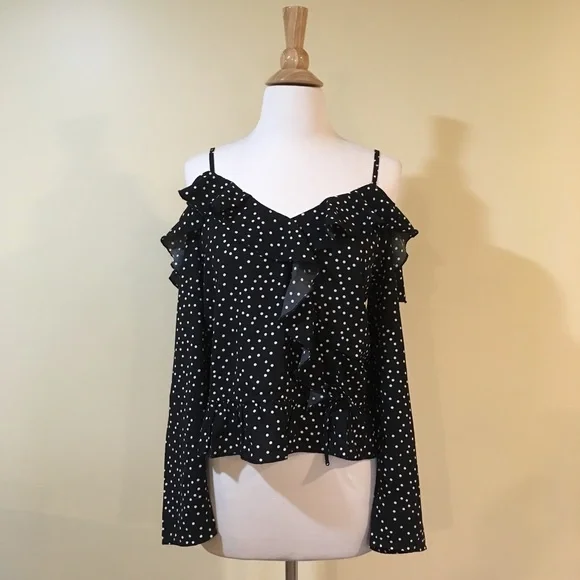 Cold Shoulder Ruffled Spaghetti Strap Dots Print Blouse - Picture 5 of 7